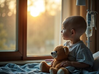 Bald Child in Hospital – Quiet Hope & Resilience by Sunlit Window