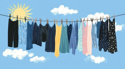 Clothes hanging on a clothesline under a sunny sky