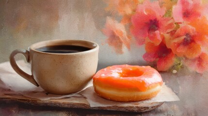 Watercolor painting of a cup of coffee and a donut with blurred autumn flowers in the background