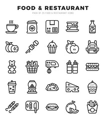 Food and Restaurant Lineal icons collection. 25 icon set. Vector illustration.