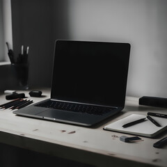 Fototapeta premium A laptop sits open on a desk, surrounded by stationery and tools.