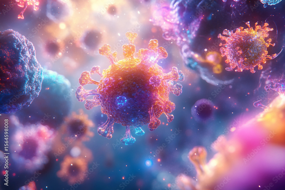 Poster generative ai close-up of virus structures with detailed molecular design and glowing particle effec