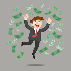 A happy man jumped up in money rain. Illustration, Cartoon, Vector.