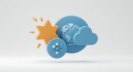 A delightful cartoon illustration featuring a sunny star, a world globe, and a cheerful cloud, perfect for weather forecasts, children's content, and global environmental awareness projects.