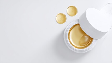 Golden cosmetic cream in open jar with small spoon on white background, with copy space