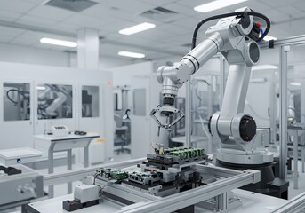 Robotic arm assembling electronic components in high tech manufacturing