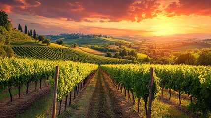 Fototapeta premium A stunning photo-realistic vineyard in Tuscany, featuring rolling hills bathed in sunset glow, perfect for countryside travel inspiration.