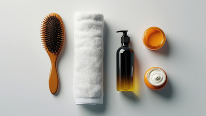 Hair care set: brush, towel, dispenser bottle, and cream jars on a light background, top view.