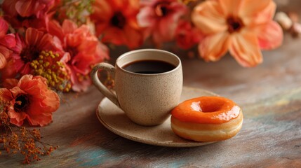 Cozy autumn scene featuring a cup of coffee, a glazed donut, and a bouquet of orange dahlia flowers