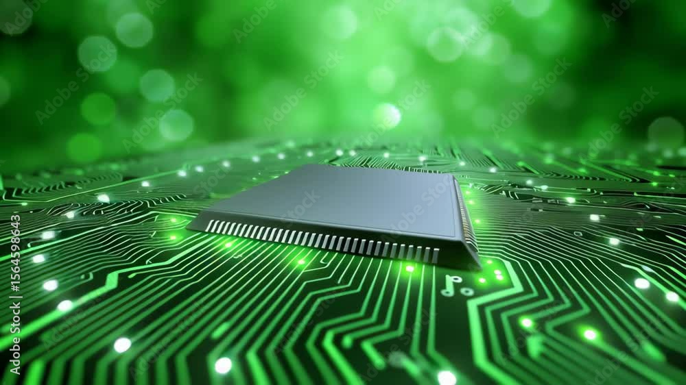 Poster ai technology innovation concept, abstract circuit board with a central processing unit on a green b