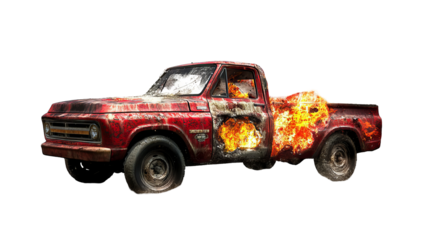 High-resolution pickup truck engulfed in raging engine fire with extensive crash damage, charred metal and billowing smoke—transparent PNG cutout perfect for emergency response