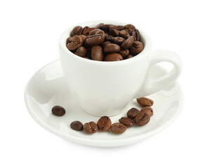 Ceramic cup with roasted coffee beans isolated on white