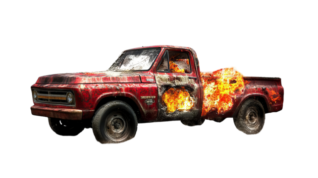 High-resolution pickup truck engulfed in raging engine fire with extensive crash damage, charred metal and billowing smoke—transparent PNG cutout perfect for emergency response