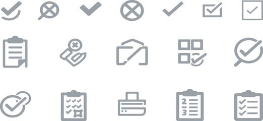 Checklist vector icon set, checkmarks, cross symbols, and clipboard designs vector style. Perfect for task management, to do lists, forms, and productivity related projects.