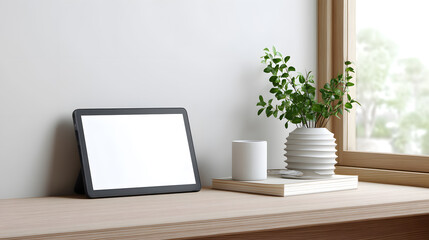 Fototapeta premium UI mockup on e-ink tablet in minimalist zen workspace