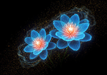 Obraz premium Glowing blue flowers with orange centers and golden dust image