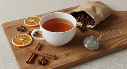 Aromatic tea with spices like cinnamon and star anise on a wooden board with coffee beans.