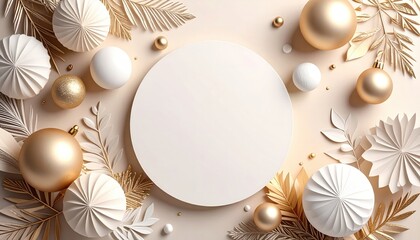 Elegant holiday decoration with golden and white ornaments festive setting digital artwork modern aesthetic top-down view seasonal inspiration