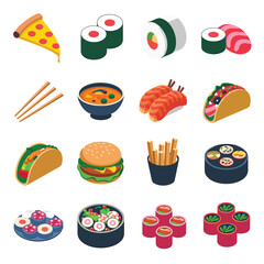 vector icons cooking food chef hat include a pizza slice, a sushi roll, spaghetti and meatballs, a curry bowl burger , fish 

