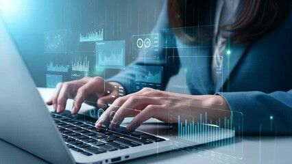 Hands typing on laptop with futuristic data visualizations - Powered by Adobe