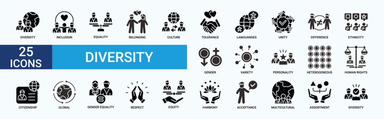 Diversity icon set. Containing equality, culture, languages, tolerance, difference, belonging, human rights and ethnicity icons. Glyph icon collection. Vector illustration.