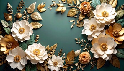 Elegant floral arrangement with golden accents on a green background artistic composition home decor indoor setting close-up view beauty and nature concept