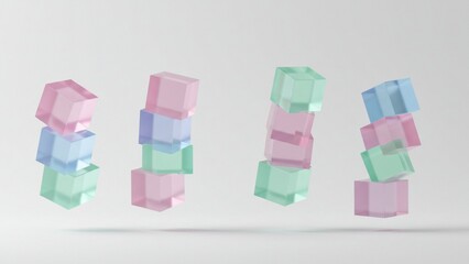 Stacks of transparent cube shapes in pastel colors, floating in the air