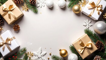 Festive holiday gift arrangement cozy living room decorative content elegant atmosphere top-down view celebratory concept