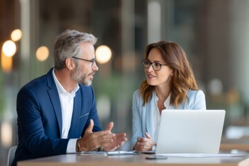 Two professionals in business attire engage in a discussion at a desk with a laptop in a modern office setting.