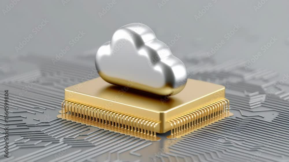 Poster cloud symbol on a microchip representing digital technology and connectivity.