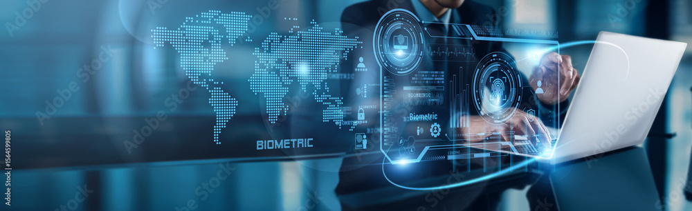 Poster a businessman uses his laptop to analyze biometric data, observing fingerprint and facial recognitio