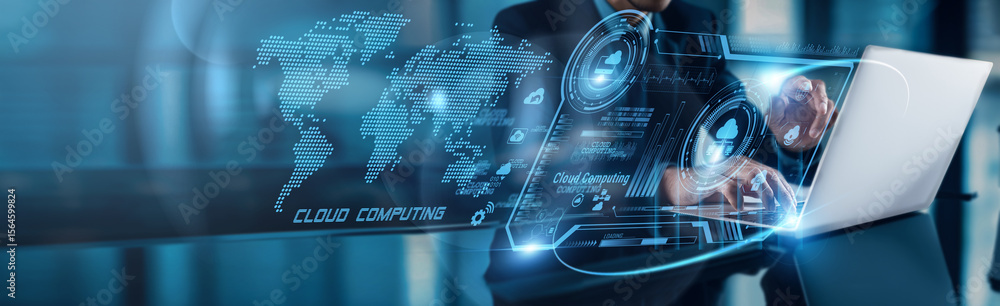 Poster a businessman uses his laptop to analyze cloud computing data, observing scalability growth on the g