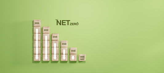 Carbon reduction roadmap for Net Zero 2050 using wooden blocks and downward arrows, showing decreasing carbon targets by year. Concept of sustainability and climate action.