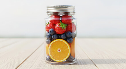 Glass jar filled with fresh fruits and berries like strawberries, blueberries, orange, and carrots.