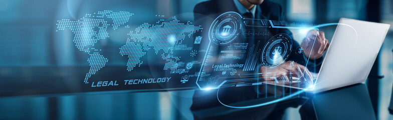 A businessman uses his laptop to analyze LegalTech data, observing market adoption growth on the global network, streamlining operations, and identifying new legal service opportunities.
