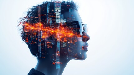 Futuristic digital cityscape overlay on woman's profile illustrating technology and innovation in urban environments
