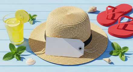 Summer attributes: a straw hat with a blank label, flip-flops, lemonade, and seashells on blue wooden planks.