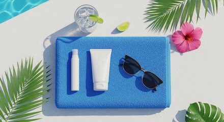 Summer essentials by the pool: sun protection products, a blue towel, sunglasses, and a refreshing drink.