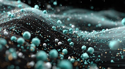 High-tech data wave made of floating particles and grid mesh in cool blue tones, symbolizing digital connectivity, AI flow, and futuristic technology infrastructure