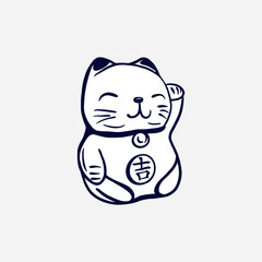 Japanese cat Maneki Neko. Traditional symbol of good luck. Hand drawn vector illustration of souvenir in graphic black and white style. For tourist postcards, invitations, banners, posters, booklets.