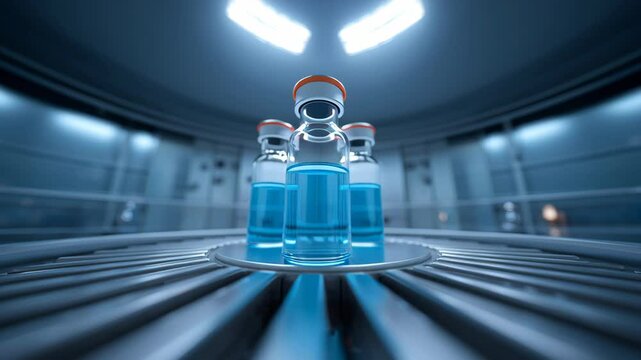 Futuristic laboratory showcasing vaccine vials with blue liquid emphasizing advancements medicine, health science, and research for longevity