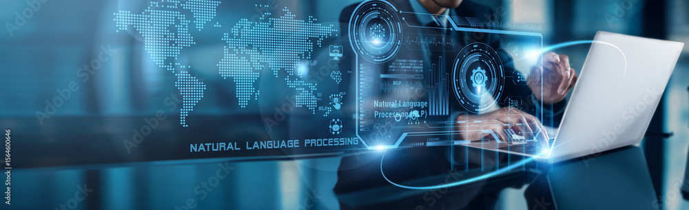 Poster a businessman using a laptop analyzes natural language processing (nlp) data, observing customer sen