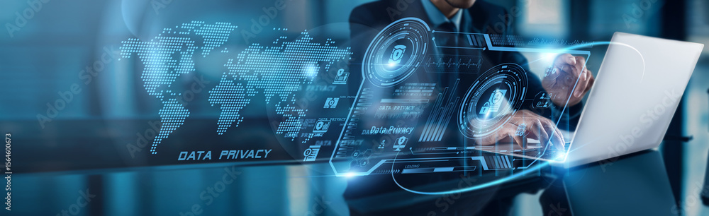 Poster a businessman using a laptop with analysis data of data privacy compliance growth on a global networ