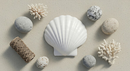 Composition of marine elements: white seashell, corals, pebbles, and a ball of twine on a sandy background.