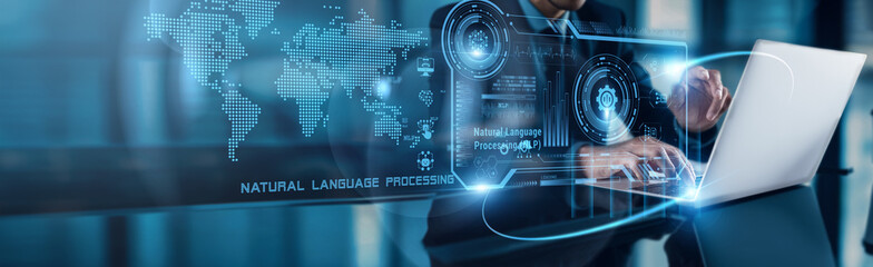 A businessman using a laptop analyzes Natural Language Processing (NLP) data, observing customer sentiment growth on the global network to optimize marketing strategies and improve customer service.