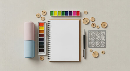 Creative set: open sketchbook, watercolors, pen, stencil, and buttons arranged on a light background.