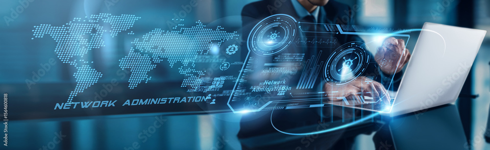 Poster a businessman using a laptop with analysis data of network administration growth to optimize perform