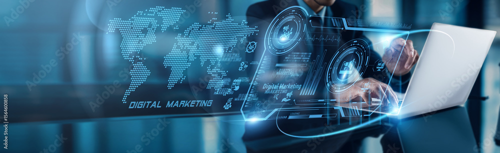 Poster a businessman using a laptop with analysis data of digital marketing campaign performance growth to 