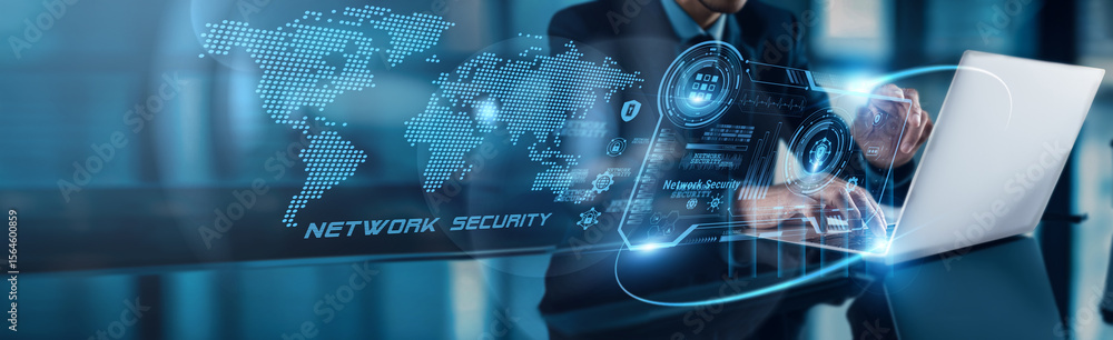 Poster a businessman using a laptop with analysis data of network security growth to protect sensitive info