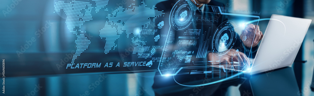 Poster a businessman using a laptop with analysis data of platform as a service (paas) shows the global net